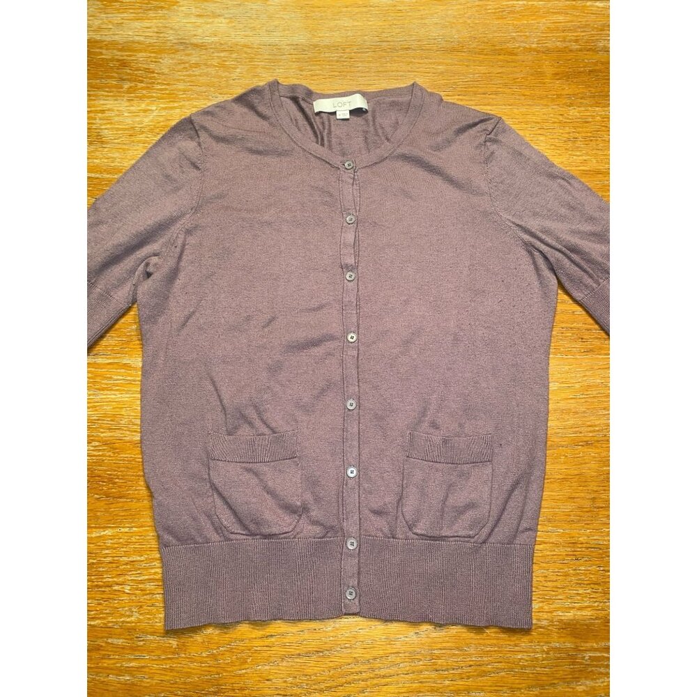 Loft Womens Cardigan Sweater Button Front 3/4 Sleeve Cotton Blend Purple Size M